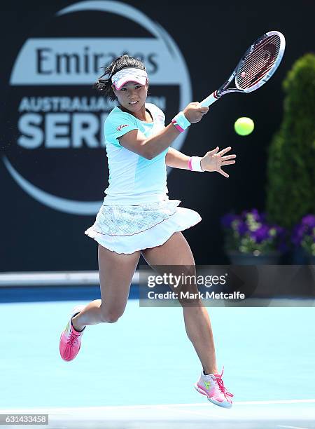 Risa Ozaki of Japan plays a forehand in her second round match against Lucie Safarova of Czech Republic during day two of the 2017 Hobart...