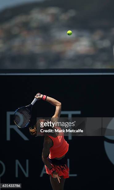 Lucie Safarova of Czech Republic serves in her second round match against Risa Ozaki of Japan during day two of the 2017 Hobart International at...