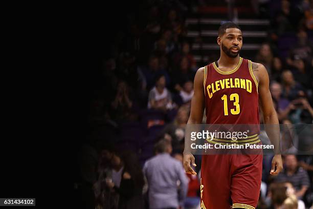 Tristan Thompson of the Cleveland Cavaliers walks on the court during the first half of the NBA game against the Phoenix Suns at Talking Stick Resort...