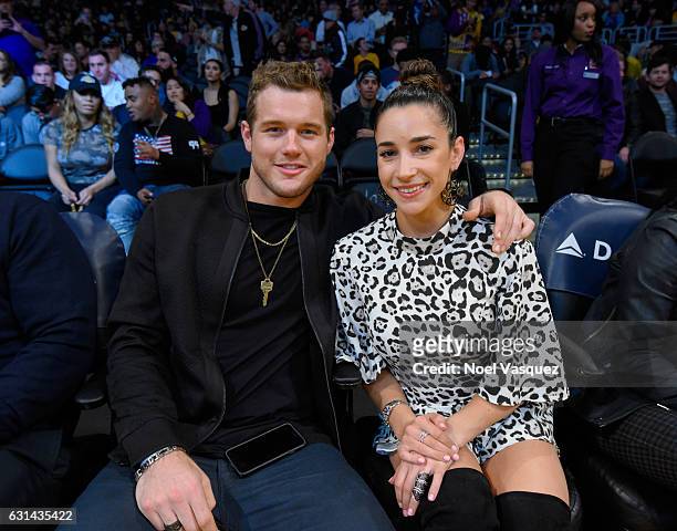 Colton Underwood and Aly Raisman attend a basketball game between the Portland Trail Blazers and the Los Angeles Lakers at Staples Center on January...