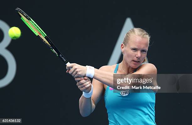 Kiki Bertens of the Netherlands plays a backhand in her second round match against Galina Voskoboeva of Kazakhstan during day two of the 2017 Hobart...