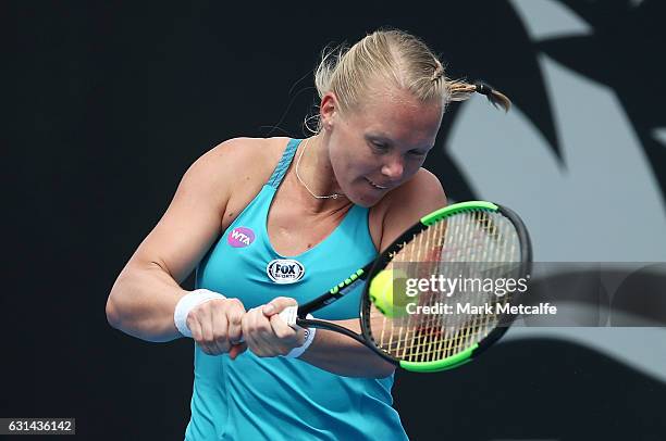 Kiki Bertens of the Netherlands plays a backhand in her second round match against Galina Voskoboeva of Kazakhstan during day two of the 2017 Hobart...