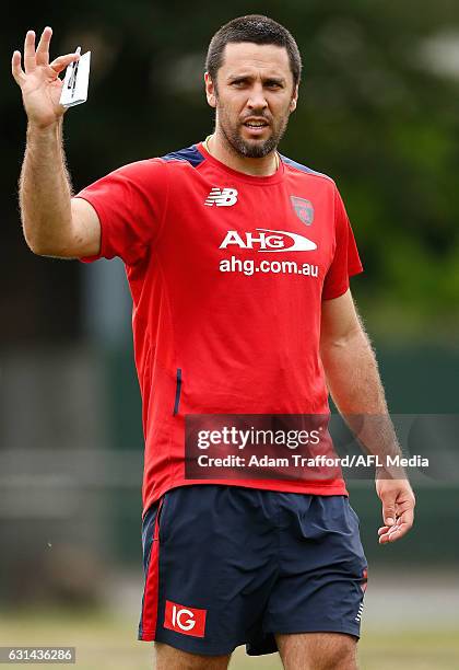 Troy Chaplin, Assistant Coach of the Demons looks on during the Melbourne Demons training session at Gosch's Paddock on January 11, 2017 in...