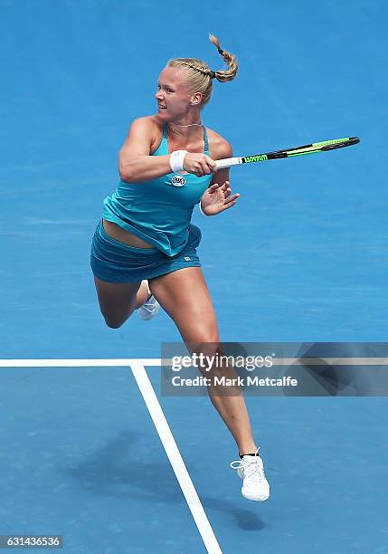 Kiki Bertens of the Netherlands plays a forehand in her second round match against Galina Voskoboeva of Kazakhstan during day two of the 2017 Hobart...