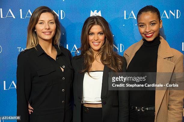 Camille Cerf , Iris Mittenaere and Flora Coquerel attends the "La La Land" Paris Premiere at Cinema UGC Normandie on January 10, 2017 in Paris,...