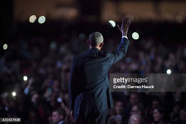President Barack Obama waves to supporters after delivering his farewell speech at McCormick Place on January 10, 2017 in Chicago, Illinois. Obama...