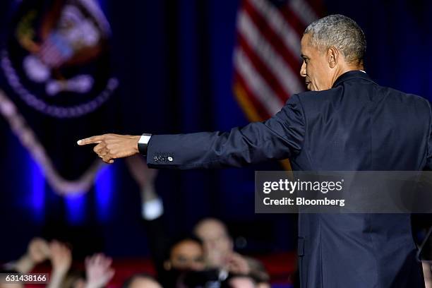 President Barack Obama gestures to the audience after delivering his farewell address in Chicago, Illinois, U.S., on Tuesday, Jan. 10, 2017. Obama...