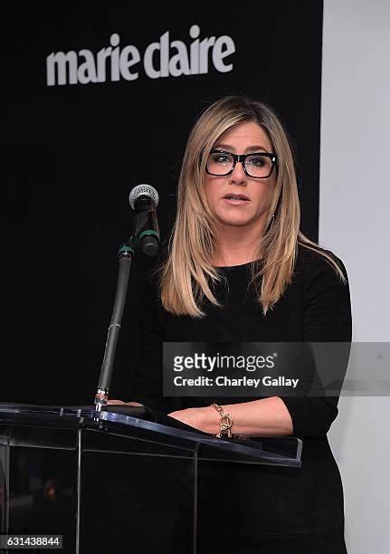 Actress Jennifer Aniston speaks onstage during Marie Claire's Image Maker Awards 2017 at Catch LA on January 10, 2017 in West Hollywood, California.