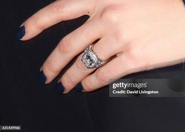 Actress Jessica Biel, ring detail, attends the premiere of Electric Entertainment's "The Book of Love" at The Grove on January 10, 2017 in Los...