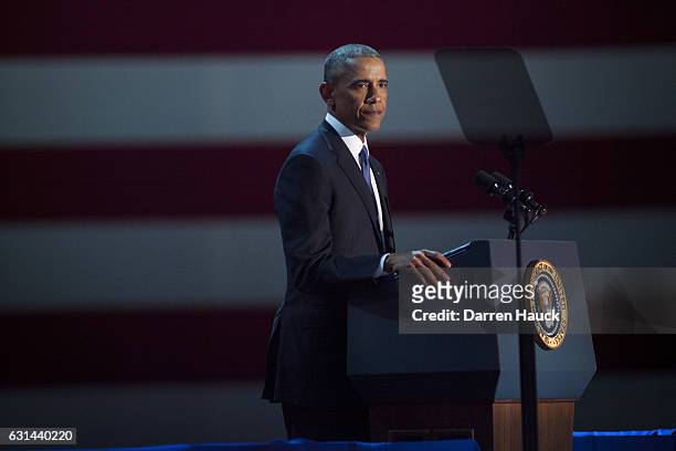 President Barack Obama speaks to supporters during his farewell speech at McCormick Place on January 10, 2017 in Chicago, Illinois. Obama addressed...