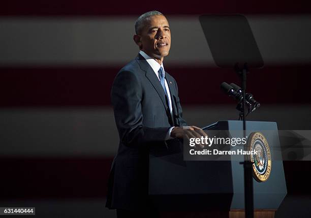 President Barack Obama speaks to supporters during his farewell speech at McCormick Place on January 10, 2017 in Chicago, Illinois. Obama addressed...