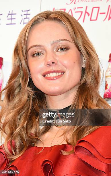 Swedish model Frida Gustavsson attends the promotional event for the 'Resveratrol Water' at Marucube on January 11, 2017 in Tokyo, Japan.
