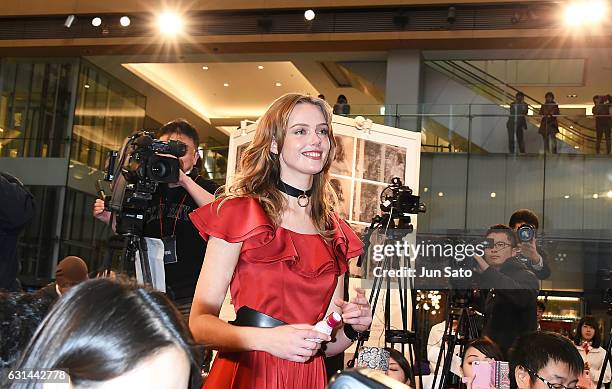 Swedish model Frida Gustavsson attends the promotional event for the 'Resveratrol Water' at Marucube on January 11, 2017 in Tokyo, Japan.