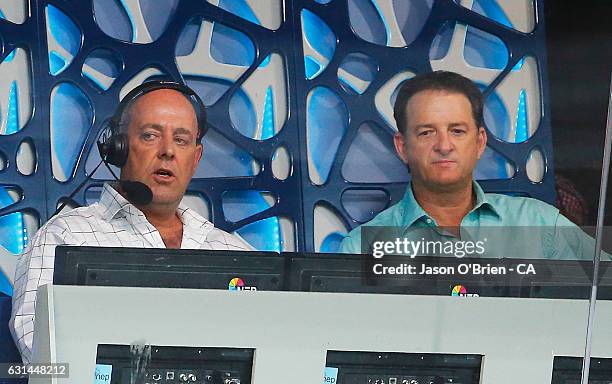 Mark Waugh and Darren Lehman in the commentary box during the Big Bash League match between the Brisbane Heat and the Perth Scorchers at The Gabba on...