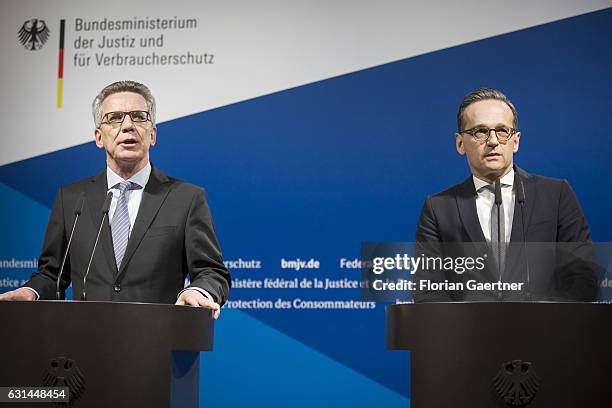 German Interior Minister Thomas de Maiziere and German Justice Minister Heiko Maas speak to the media about anti-terror measures after the terror...