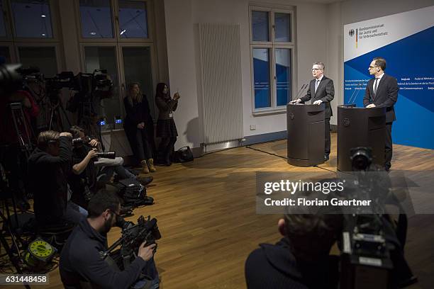 German Interior Minister Thomas de Maiziere and German Justice Minister Heiko Maas speak to the media about anti-terror measures after the terror...