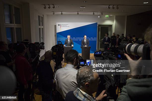 German Interior Minister Thomas de Maiziere and German Justice Minister Heiko Maas speak to the media about anti-terror measures after the terror...