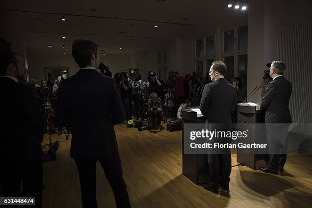 German Interior Minister Thomas de Maiziere and German Justice Minister Heiko Maas speak to the media about anti-terror measures after the terror...