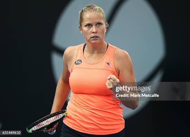 Shelby Rogers of the USA celebrates winning a point in her second round match against Lara Arruabarrena of Spain during day two of the 2017 Hobart...