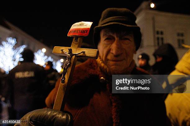 People are seen demonstrating in front of the presidential palace in Warsaw on 10 January, 2017. On Wednesday 11, January Polish parliament will...