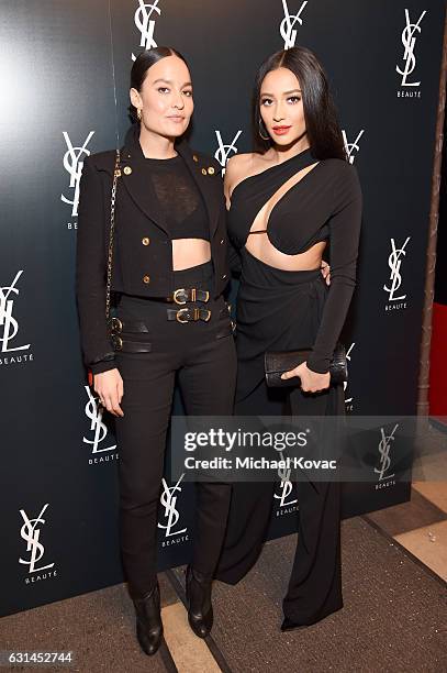 Designer Chloe Bartoli and actress Shay Mitchell attend the YSL Beauty Club Party at the Ace Hotel on January 10, 2017 in Downtown Los Angeles,...