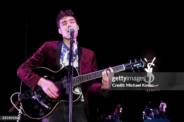 Musician Misha Lindes of musical group SadGirl performs onstage during the YSL Beauty Club Party at the Ace Hotel on January 10, 2017 in Downtown Los...