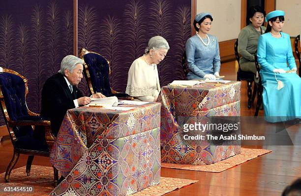 Emperor Akihito, Empress Michiko and other royal family members attend the 'Kosho-Hajime-no-Gi' or first lecture of the year, at the Imperial Palace...