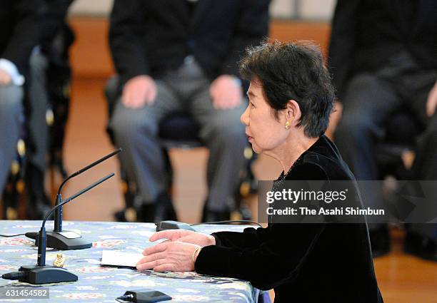 Waseda University professor emeritus Kazuko Mori attends the 'Kosho-Hajime-no-Gi' or first lecture of the year, at the Imperial Palace on January 11,...