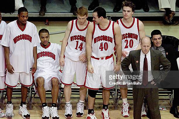 The Wisconsin Badgers'' bench turns to distress as a foul is called on their team in a 50-49 upset to the Georgia State Panthers during the first...