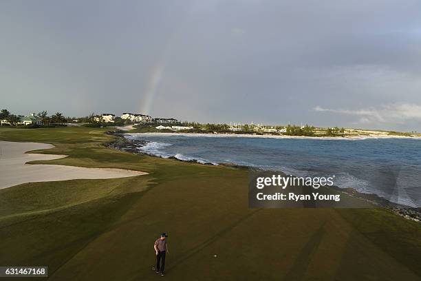 View of the 12th hole as Anders Albertson lines up his putt during the continuation of the third round of The Bahamas Great Exuma Classic at Sandals...