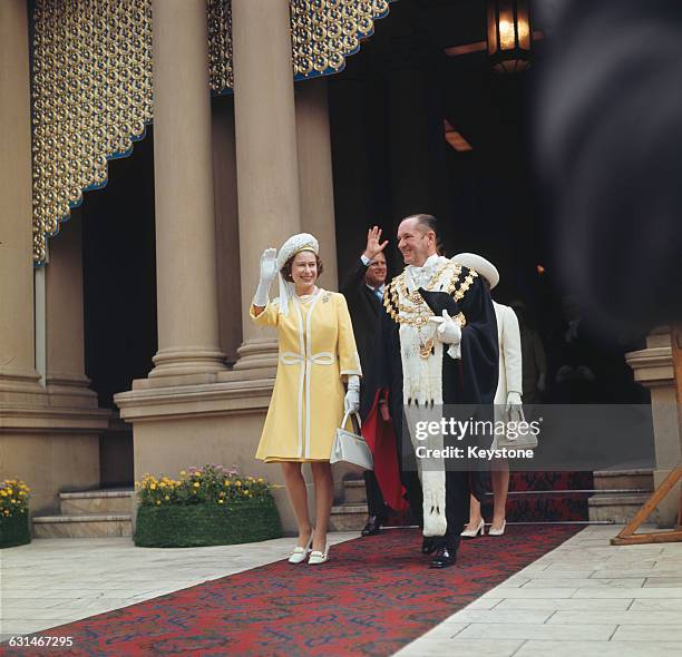 Queen Elizabeth II and the Duke of Edinburgh with Emmet McDermott , Lord Mayor of Sydney, in Sydney during their tour of Australia, May 1970. They...