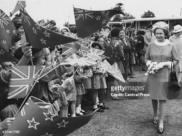 Queen Elizabeth II visits the Childers Road Reserve in Gisborne, during her tour of New Zealand, 22nd March 1970. She is there in connection with the...