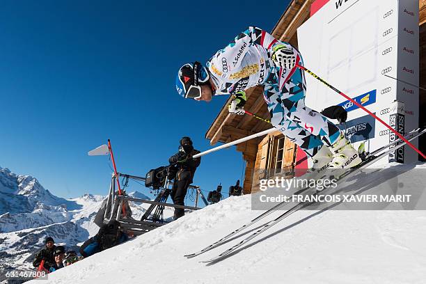 Austrian's Matthias Mayer takes the start of the training session for the men's downhill race of the FIS Alpine Skiing World Cup at the Lauberhorn,...