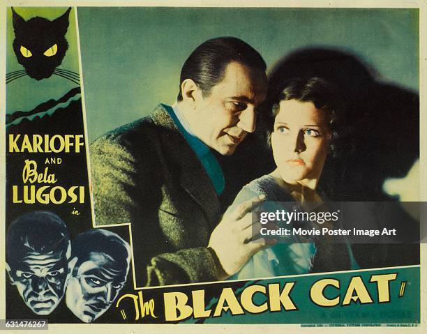 Actors Boris Karloff, Bela Lugosi and Julie Bishop appear on a lobby card for the 1934 horror film 'The Black Cat', directed by Edgar G. Ulmer for...