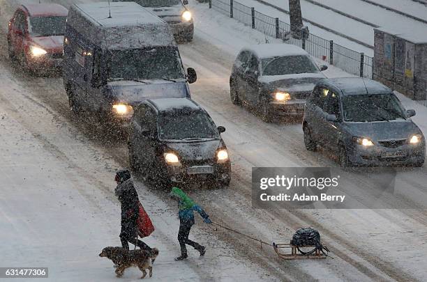 Woman with a dog and a child pulling a sled walk across a street during heavy snowfall on January 11, 2017 in Berlin, Germany. Cold weather has...