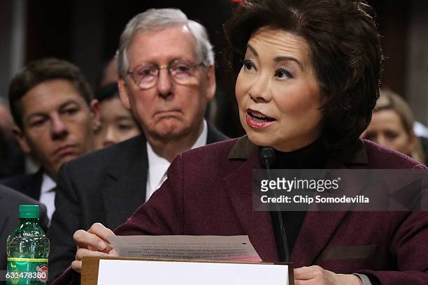 Elaine Chao testifies during her confirmation hearing to be the next U.S. Secretary of transportation before the Senate Commerce, Science and...