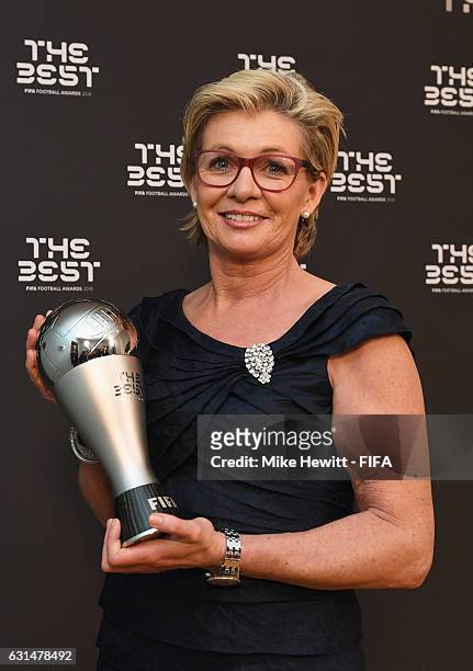 Silvia Neid of Germany poses with her The Best FIFA Women's Coach Award after The Best FIFA Football Awards at TPC Studio on January 9, 2017 in...