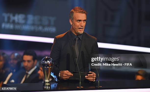 Gabriel Batistuta of Argentina talks during The Best FIFA Football Awards at TPC Studio on January 9, 2017 in Zurich, Switzerland.