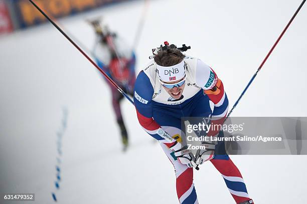 Emil Hegle Svendsen of Norway takes 1st place during the IBU Biathlon World Cup Men's Relay on January 11, 2017 in Ruhpolding, Germany.