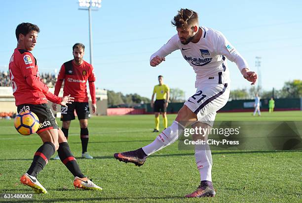 Edu Campabadal, Diogo Salomao of RCD Mallorca and Marvin Plattenhardt of Hertha BSC during the test match between RCD Mallorca against Hertha BSC on...