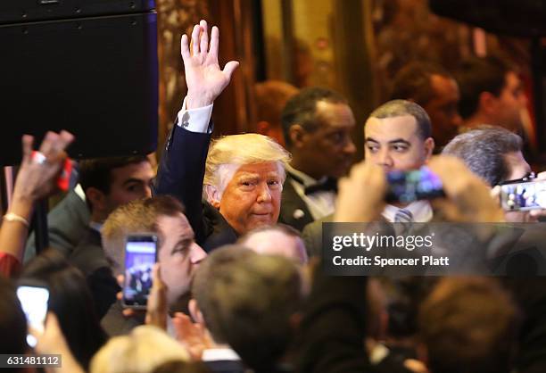 President-elect Donald Trump arrives at a news cenference at Trump Tower on January 11, 2017 in New York City. This is Trump's first official news...