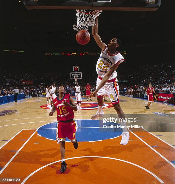 High School Basketball: McDonald's All American Game: Team East Carmelo Anthony in action, dunk vs Team West during game at Madison Square Garden....