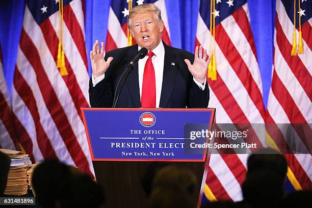 President-elect Donald Trump speaks at a news cenference at Trump Tower on January 11, 2017 in New York City. This is Trump's first official news...