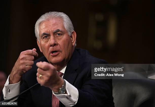 Former ExxonMobil CEO Rex Tillerson, U.S. President-elect Donald Trump's nominee for Secretary of State, testifies during his confirmation hearing...