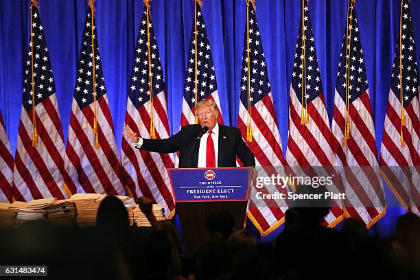 President-elect Donald Trump speaks at a news cenference at Trump Tower on January 11, 2017 in New York City. This is Trump's first official news...