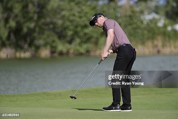 Anders Albertson putts on the first hole during the final round of The Bahamas Great Exuma Classic at Sandals - Emerald Bay Course on January 11,...