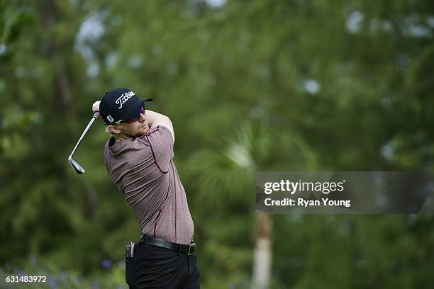 Anders Albertson tees off on the second hole during the final round of The Bahamas Great Exuma Classic at Sandals - Emerald Bay Course on January 11,...