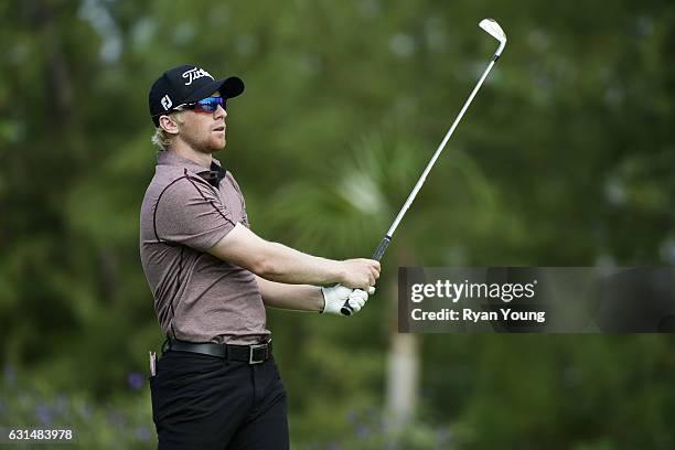 Anders Albertson tees off on the second hole during the final round of The Bahamas Great Exuma Classic at Sandals - Emerald Bay Course on January 11,...