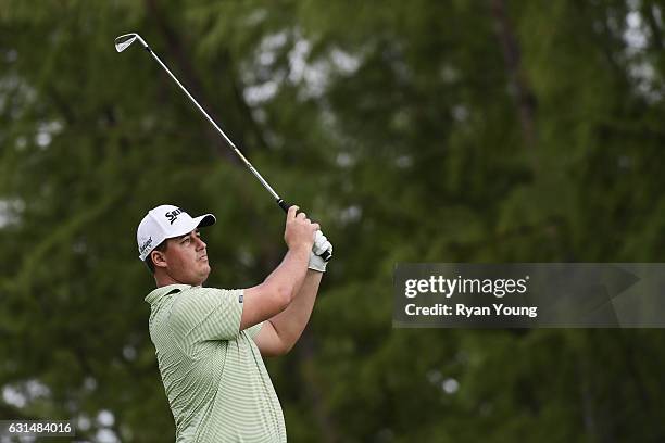 Michael Putnam tees off on the second hole during the final round of The Bahamas Great Exuma Classic at Sandals - Emerald Bay Course on January 11,...