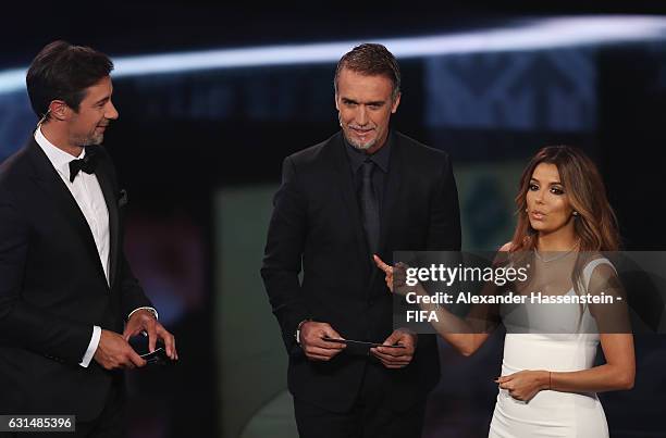Gabriel Batistuta of Argentina talks with presenters Marco Schreyl and Eva Longoria during The Best FIFA Football Awards at TPC Studio on January 9,...